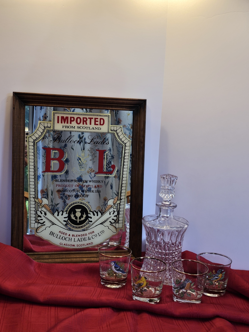 Source Unknown Red & Clear Bulloch Lade Mirror Bar Set with Decanter and Glasses